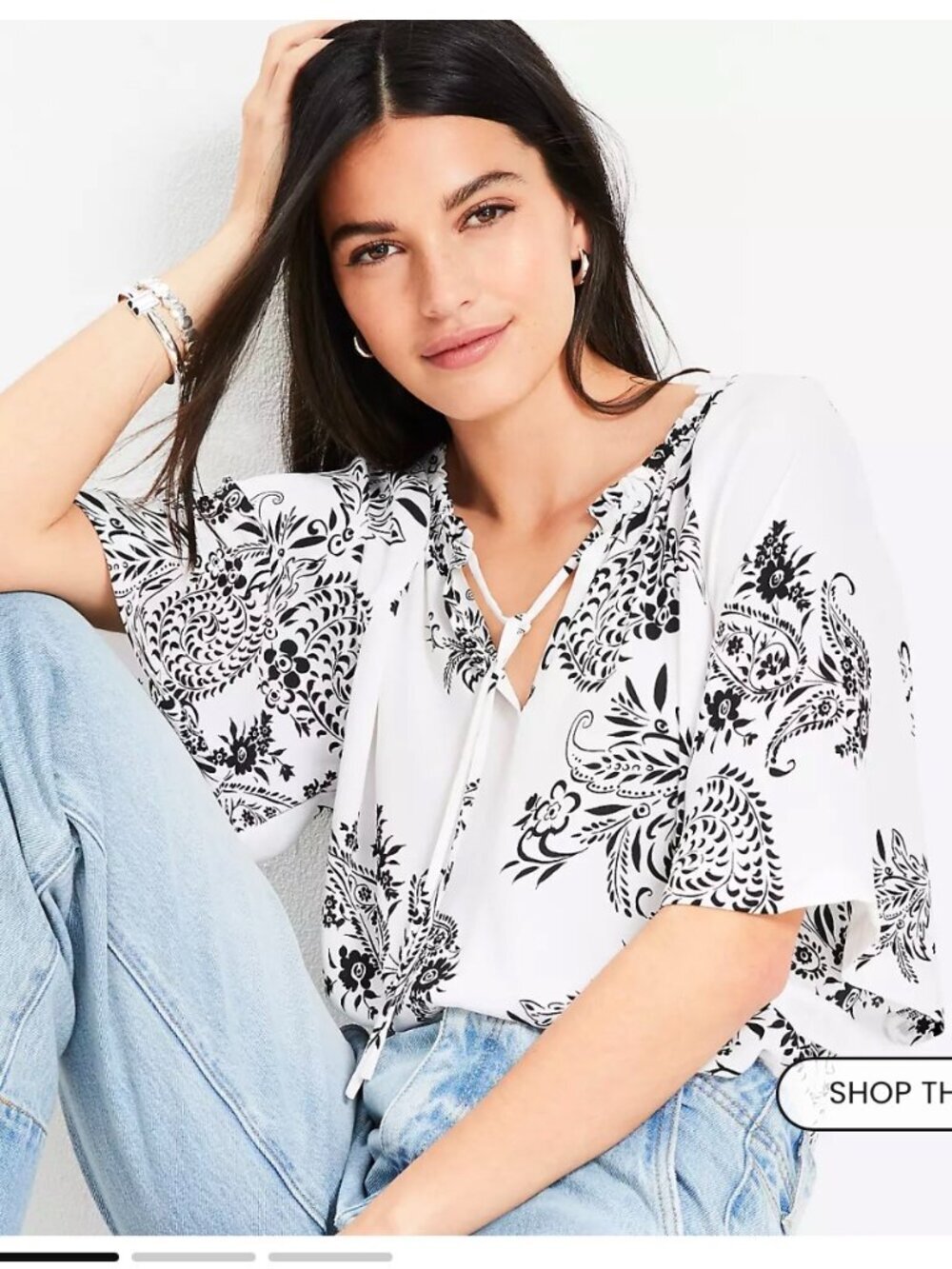 NWT LOFT White & Black Garden Tie Neck Mixed Media Blouse, Size Medium